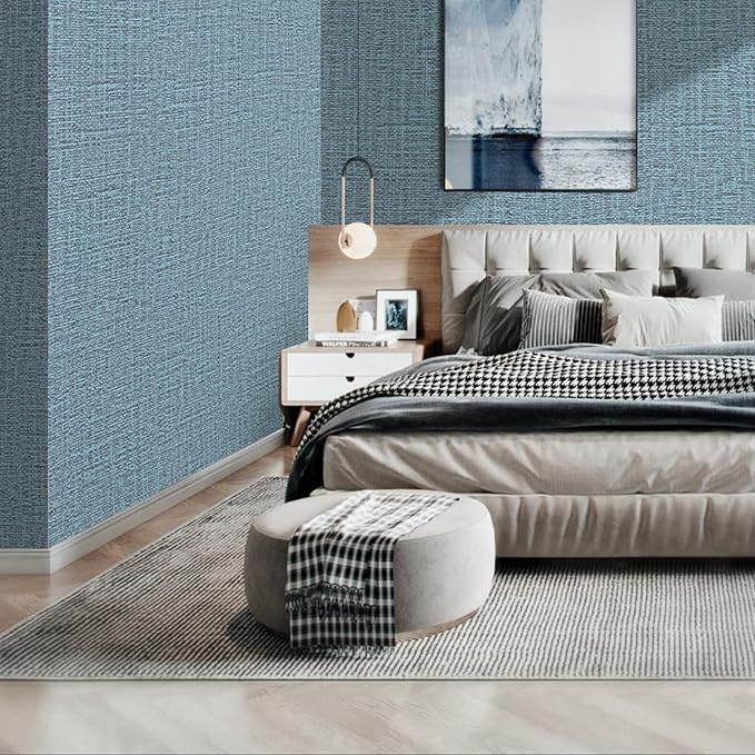 Peel and Stick Wallpaper Blue Grass Cloth Wall Paper - 15.7 x 200 Inch Self Adhesive Wallpaper Peel and Stick, Easy to Paste Wall Contact Paper for Stand Liner, Table and Door Makeover Decor