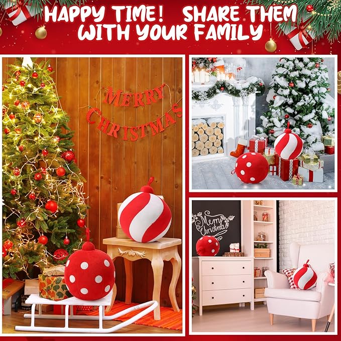 2 Pcs Christmas Pillows 7 Inch Round Christmas Ornament Shaped Throw Pillow Cute 3D Ball Xmas Throw Cushion Decoration for Bed Couch Sofa Chair Living Room(Light Red and White)