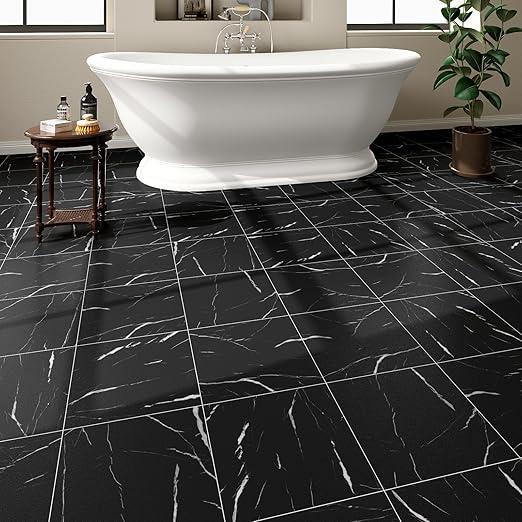 40-Pack Peel and Stick Floor Tiles Vinyl Floor 12 x 12 inch Self Adhesive Waterproof Flooring Planks DIY for Bathroom, Kitchen, Living Room, RV, Cover 40 Sq. Ft, Black Vein Marble