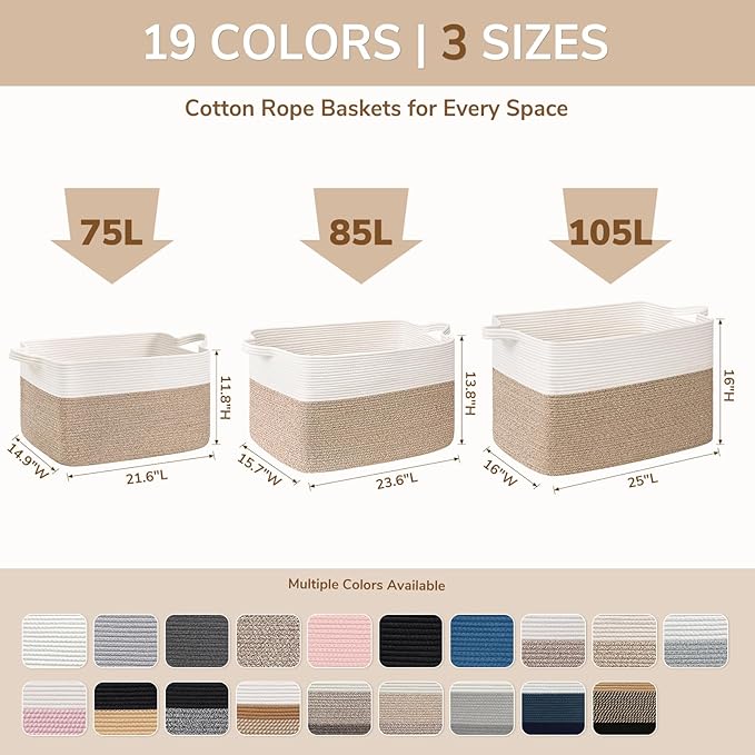 Goodpick 105L Extra Large Woven Blanket Basket Cotton Rope Storage Baskets for Organizing, Rectangle Baby Laundry Basket for Living Room Home Decor, 25"x16"x16", White & Gray