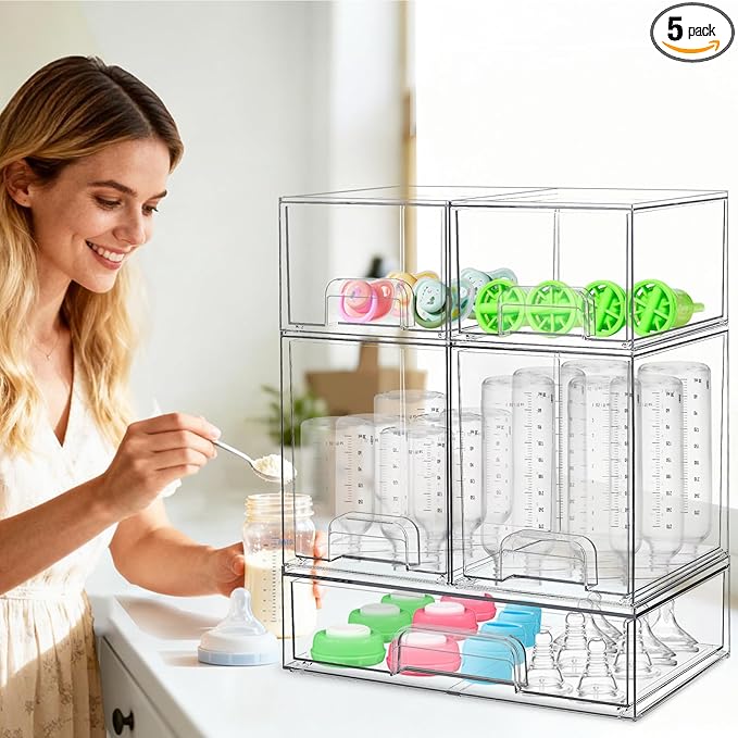 Baby Bottle Organizer for Countertop with Dust Protection, 5Pack Stackable Baby Organizers and Storage for Bottles, Clear Acrylic Container with Drawer for Kitchen, Cabinet, Vanity, Bathroom, Pantry