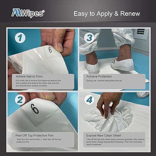 AAwipes Sticky Mat Tacky Pads Adhesive 24" x 36" 5 Packs, 30 Sheets/Packs, 150 Sheets Total White Cleanroom Floor Mats Remove Dirt for Laboratory Construction Hospital Shoes