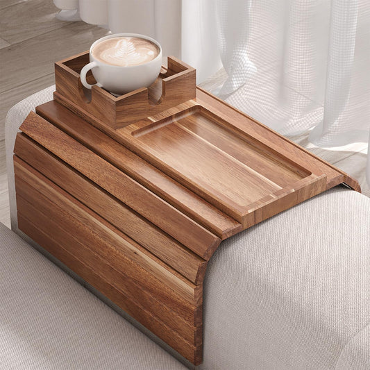Fibogollo Acacia Wood Foldable Sofa Arm Tray with Square Cup - Image 1