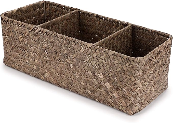 Hipiwe Seagrass Nesting Storage Basket - 3 Compartment Hand-Woven Wicker Toilet Paper Storage Bin Bathroom Organize Basket for Shelves, Kitchen Cabinets, Bathroom, Closets Organizer