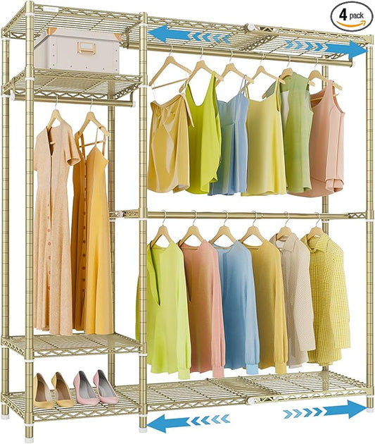VIPEK X20 Expandable Metal Clothing Rack Adjustable from 3'3" to 4'8" Heavy Duty Garment Racks with Adjustable Shelves and Hanger Rods Portable Wardrobe Open Closet Rack System, Gold