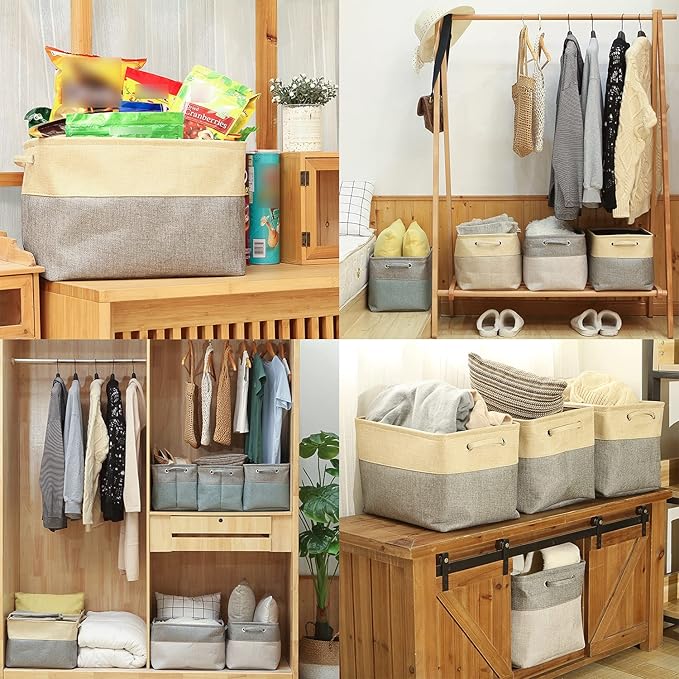 Sea Team 3-Pack Large Storage Basket Set, Trunk Organizer, Clothes Toys Bin, 15 x 10 x 10 Inches, Big Rectangular Canvas Fabric Collapsible Shelf Box with Handles for Kids Room (Tan/Beige)