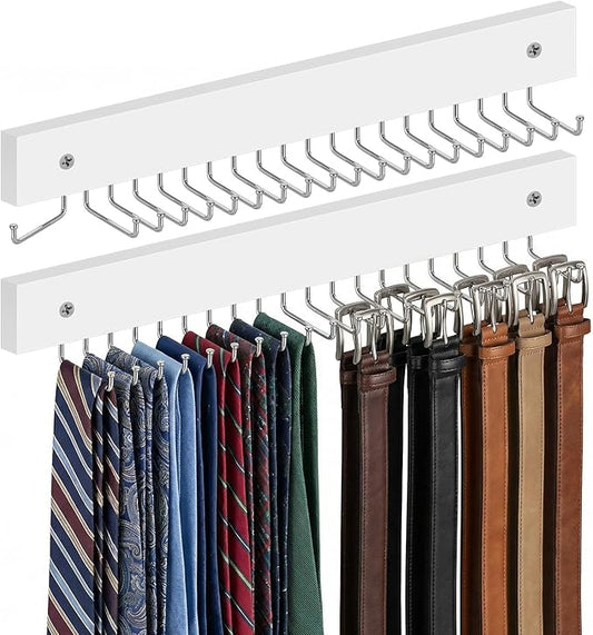 2 Pcs Tie Rack Wall Mounted, Wooden Tie Belt Organizer with 20 Hooks Non Slip 180 Degree Space Saving Hangers with Screws for Ties, Keys, Scarves, Tops, Belt, Bags (White)