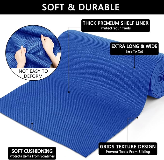 Foam Toolbox Liner Drawer Mat 1/8 Inch Thick X 16 Inch Wide X 6 Ft Long Blue, No Slip for Protecting Cabinet, Garage, Cart, Tool Box