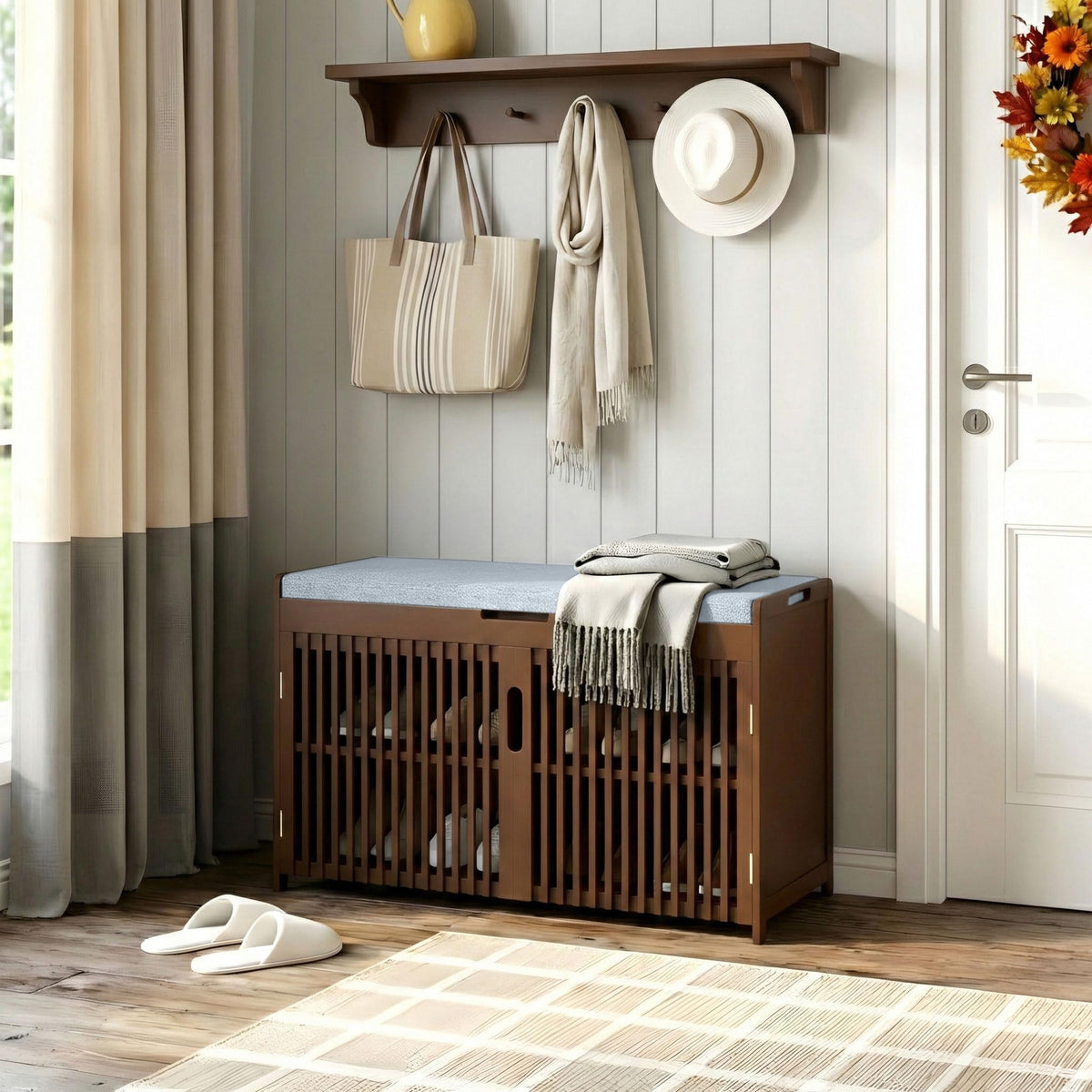 Shoe Storage Bench with Cushioned Seat 3-Tier Entryway - Image 1