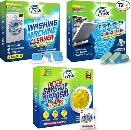 72 Tablets for a Sparkling Kitchen – 48 Dishwasher Cleaner & Washing Machine Cleaner Tablets + 24 Garbage Disposal Deodorizer Packets -Deep Cleaning, Drain Maintenance & Septic Safe Maintainance