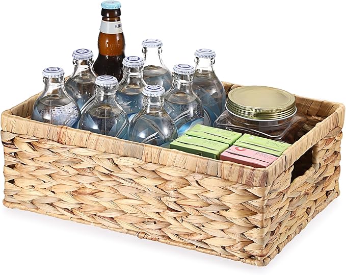 Hipiwe Wicker Storage Basket Bin Rectangular Wicker Baskets with Handles Natural Water Hyacinth Pantry Baskets Large Handwoven Basket Bin for Shelves Home Office Organizing,15"x10.2"