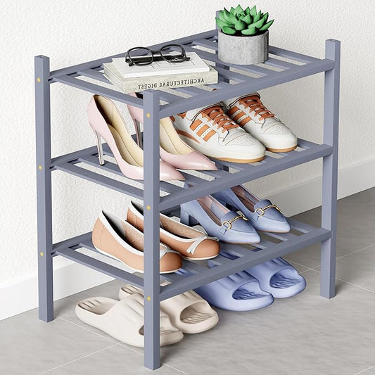 Smiry Bamboo Shoe Rack for Closet, 3 Tier Small Wooden Stackable Shoe Organizer, Free Standing Shoes Storage Shelf for Entryway, Front Door Entrance, Grey