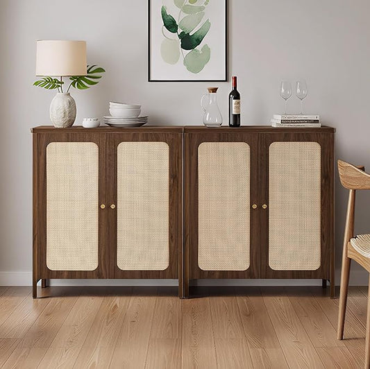 2 PCS Rattan Sideboard Buffet Cabinet 2 Door Boho Kitchen Storage Cabinet Accent Console for Living Room, Hallway, Kitchen, Sideboard, Buffet Table Walnut