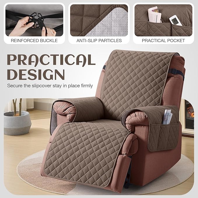 KinCam 100% Waterproof Recliner Chair Cover, Reclining Couch Covers for Pets, Dogs, Recliner Couch Slipcover Furniture Protector with Elastic Straps for Kids(25", Brown)