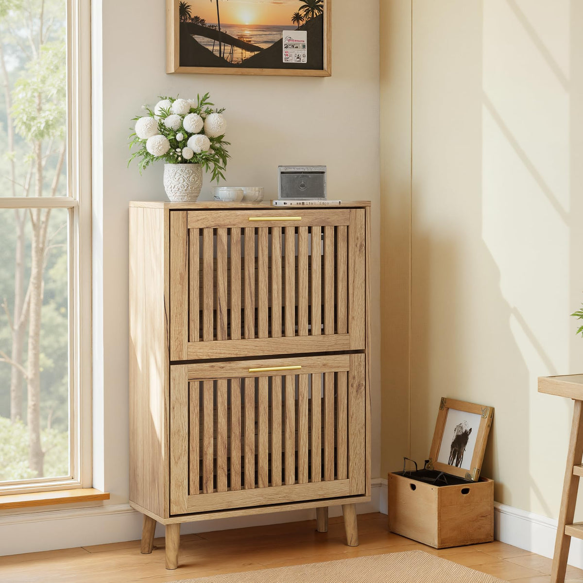 Shoe Cabinet with 2 Flip Slatted Drawers, Farmhouse Slim - Image 1