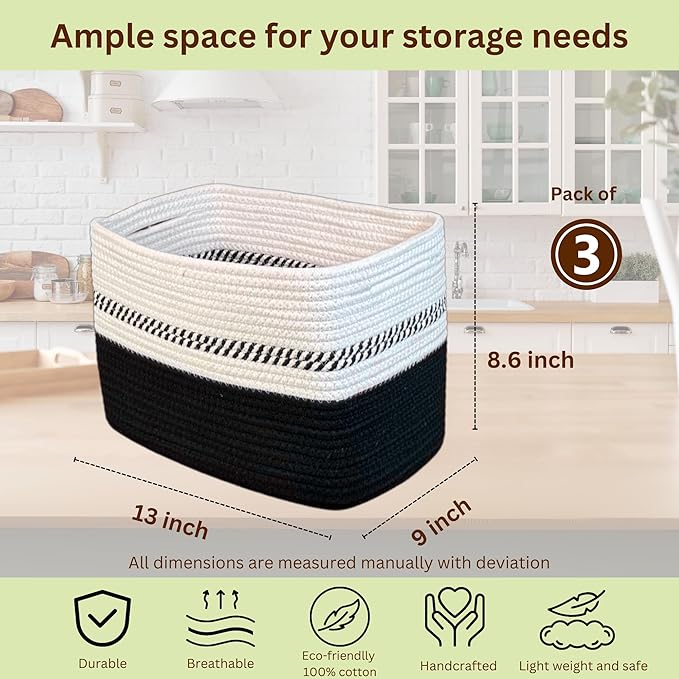 Cotton Rope Baskets for Organizing and Storage, Woven Decorative Baskets for Shelves, Books, Closets. Storage Bins for Living Room, Bedroom | Pack of 3 | Black