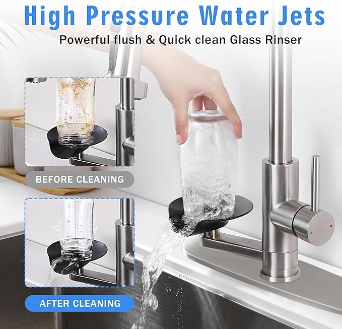 Kitchen Faucet with Glass Rinser, Pull Down Sink Faucet with 3 Spray Modes and High Pressure Glass Rinser, Single Hole 2 in 1 High Arc Stainless Steel Kitchen Faucets (Brushed Nickel)