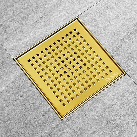 Neodrain 6 in Brushed Brass Square Shower Drain with Removable Quadrato Pattern Grate, PVC Shower Drain Base and Rubber Gasket, Gold 6" Square Drain with CUPC Certified, Golden Hair Strainer