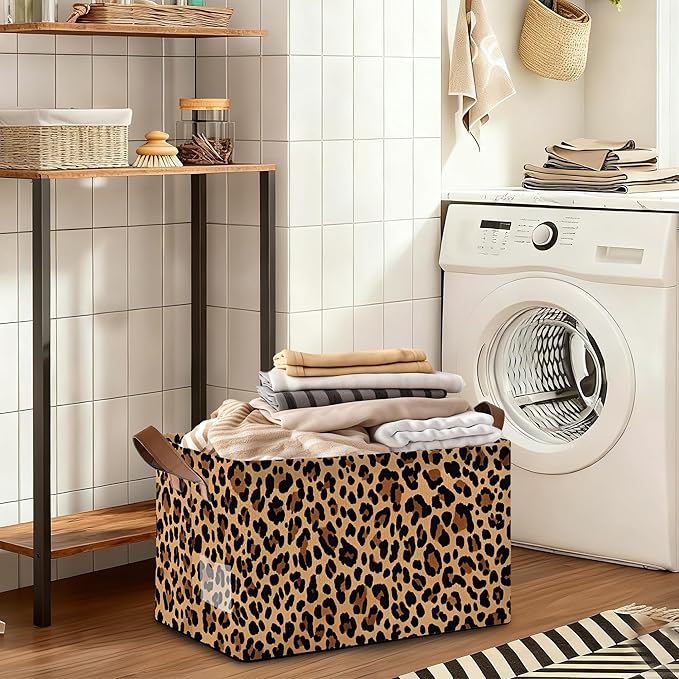 Storage Bin with Handles, Leopard Print Collapsible Laundry Baskets for Books, Laundry - Use in Nursery, Closet Organizers and Storage, Blanket Basket