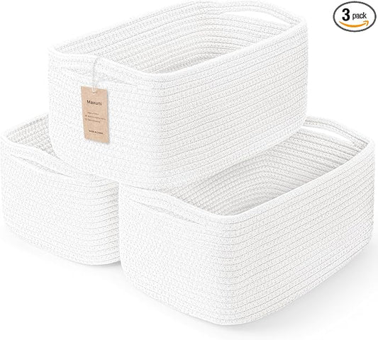 3-Pack Storage Baskets for Organizing | Woven Shelf Toy Basket | Rope Baskets for Gifts Empty | Closet Organizer Bins with Handles | Cube Decorative Box | 13.7×7.1×6.7” | White