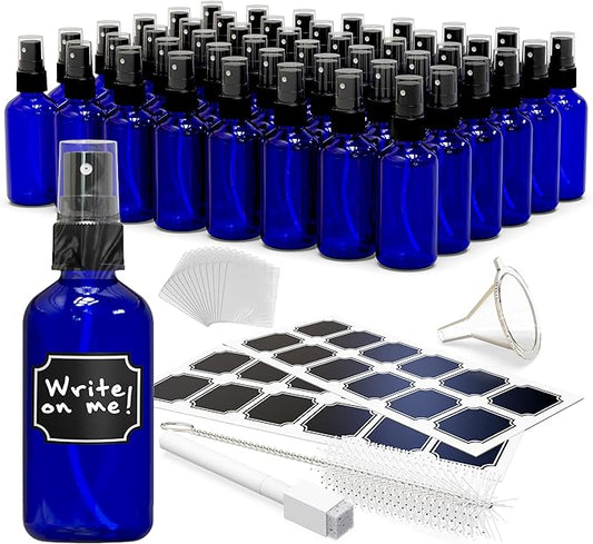Nevlers Small Glass Spray Bottles 4 Oz 48 Pack | Cobalt Blue Bottle Set w/Labels, Marker, Brush, Funnel & Shrink Wrap | Mini Spray Bottle for Oil | Practical Plant Spritzer & Glass Cleaning Bottles