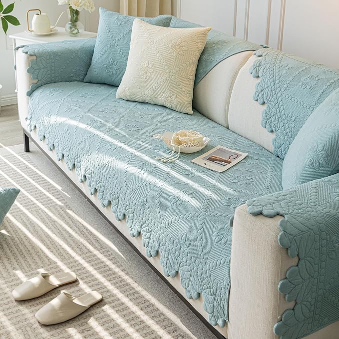 Cotton Quilted Dog Couch Cover for Sofa Farmhouse Rustic Embroidery Sectional Couch Cover Soft Anti-Slip Sofa Slipcover Furniture Protector for Kids, Pets (Blue,36"x63")