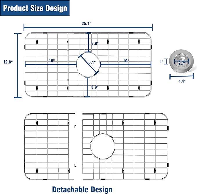 Stainless Steel Sink Protector 25-1/8" x 12-7/8" with Center Drain, Metal Sink Rack for Bottom of Sink, Kitchen Sink Grate and Sink Protectors with Sink Strainer (25-1/8" x 12-7/8" - Center Drain)