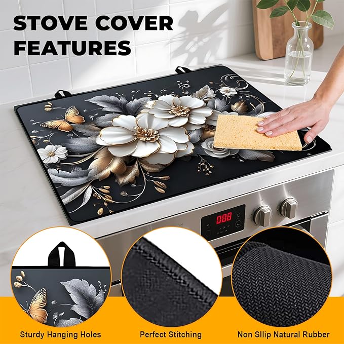 White flower Stove Top Cover Retro Flower Gas Stove Top Cover for Home Decoration Kitchen Pad Non-Stick Washable Cooktop Covers Countertop Protector Keep Stove Clean 28"x20"