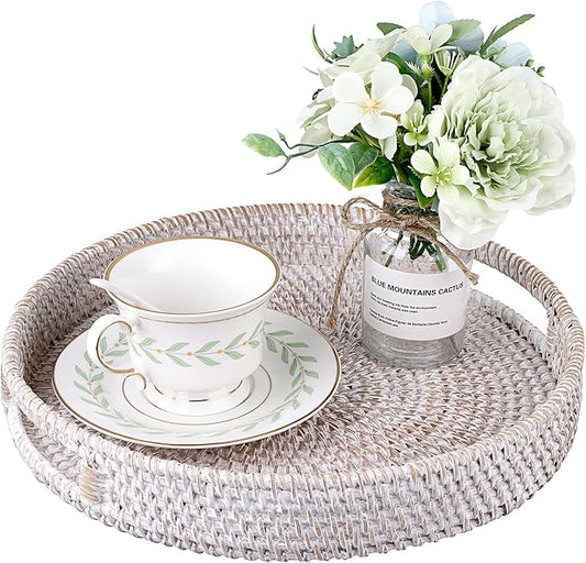 Hipiwe Round Rattan Serving Tray with Handles - Hand-Woven Wicker Tray - Decorative Candle Organizer - Storage for Breakfast, Drinks, Snacks - Coffee Table Centerpiece - Large (11.8" x 11.8" x 1.9")