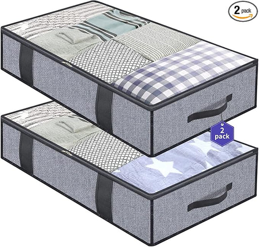 Onlyeasy Foldable Underbed Bags 2 Pack - Blankets Clothes Comforters Storage Bag Breathable Zippered Organizer for Bedroom with Clear Window and 4 Handles, 39.4x19.7x5.9 in, Linen-like Grey, MXDUBBP2