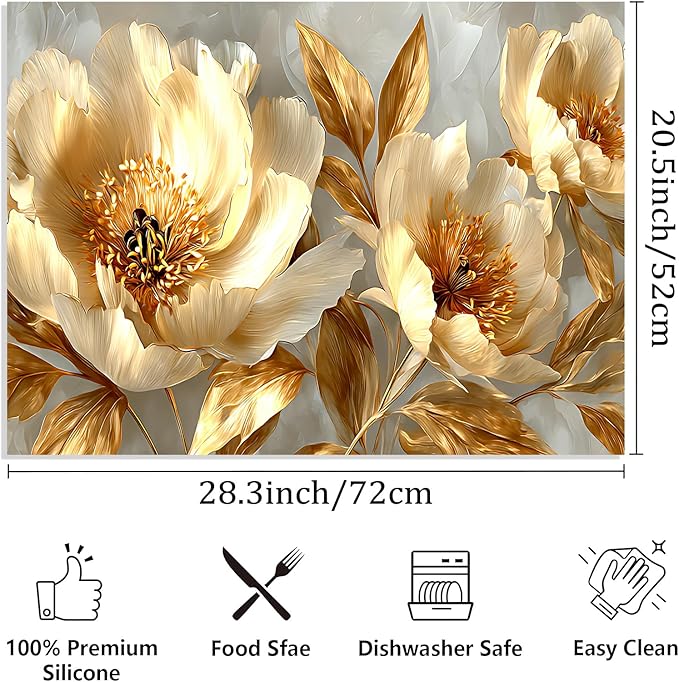 Stove Top Covers for Electric Stove, Stain-Resistant Cooktop Pad, Wipeable Range Cover, Non-Slip Counter Mat, 28.3 x 20.5 Inches, Elegant Gold Floral Decor(Peony flower)