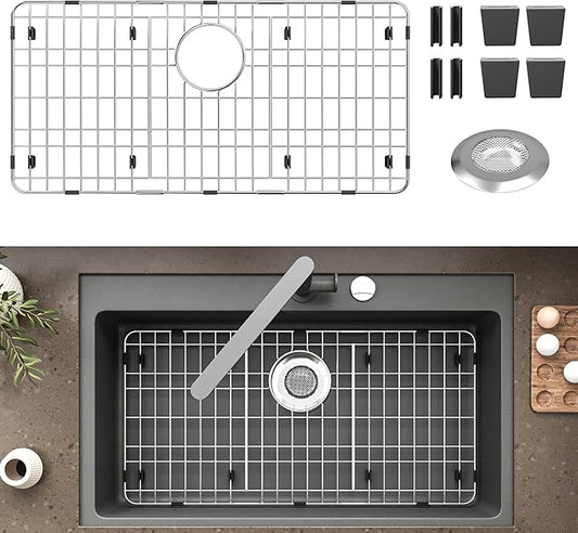 Stainless Steel Sink Protector 28-7/8" x 14-3/8" with Rear Drain, Metal Sink Rack for Bottom of Sink, Kitchen Sink Grate and Sink Protectors with Sink Strainer (28-7/8" x 14-3/8" - Rear Drain)