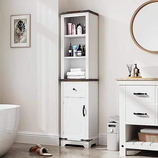 63 Inch Tall Corner Cabinet, Modern Corner Storage Cabinet with Door & Adjustable Shelves & Drawers, Anti-Tipping Free Standing Linen Tower for Bedroom, Bathroom, Kitchen, Pantry (White)