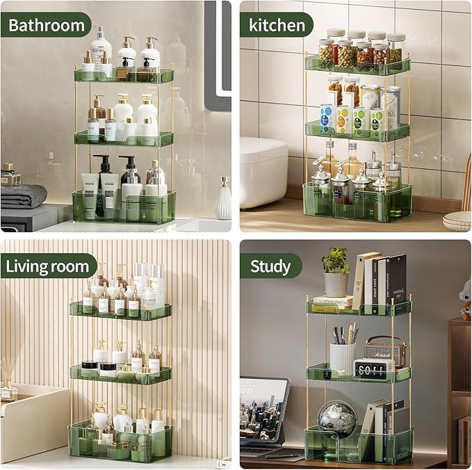 3 Tier Bathroom Organizer Countertop Makeup Perfume Tray Skincare Organizer for Bathroom Dresser Vanity (Green)