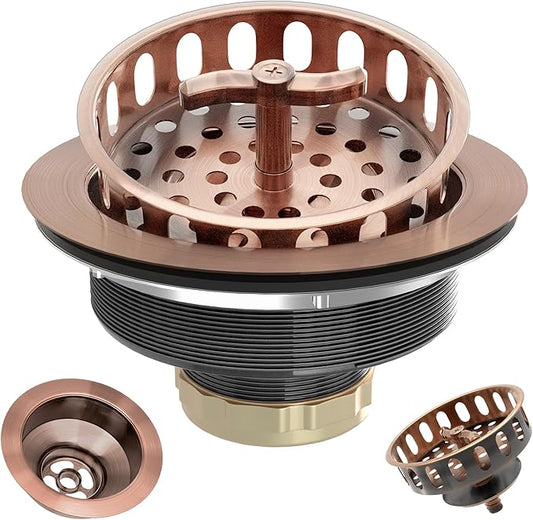 Kitchen Sink Drain Assembly 3-1/2 Inch Stainless Steel Kitchen Drain with T-Shaped Sink Strainer Basket and Drain Stopper for Standard Kitchen Sink Antique Copper