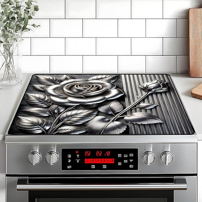 Silver Rose Stove Top Cover Retro Flower Gas Stove Top Cover for Home Decoration Kitchen Pad Non-Stick Washable Cooktop Covers Countertop Protector Keep Stove Clean 28"x20"