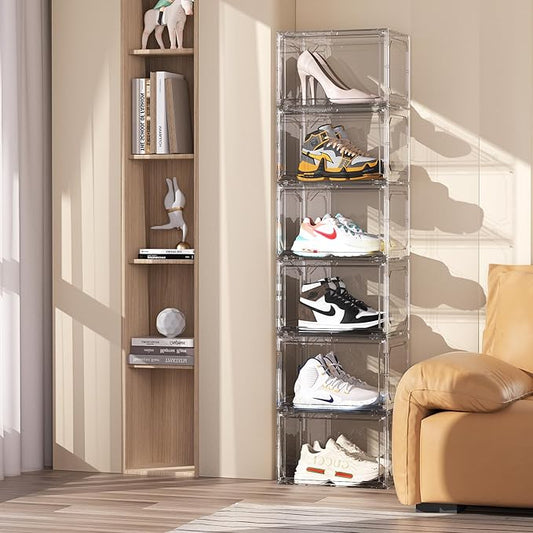 Shoe Box,Set of 6,Stackable Plastic Clear Shoe Box Organizer with Magnetic Door,Shoe Storage Box Thicken Sturdy,Easy Assembly,Fit up to US Size(Side opening door, Clear)