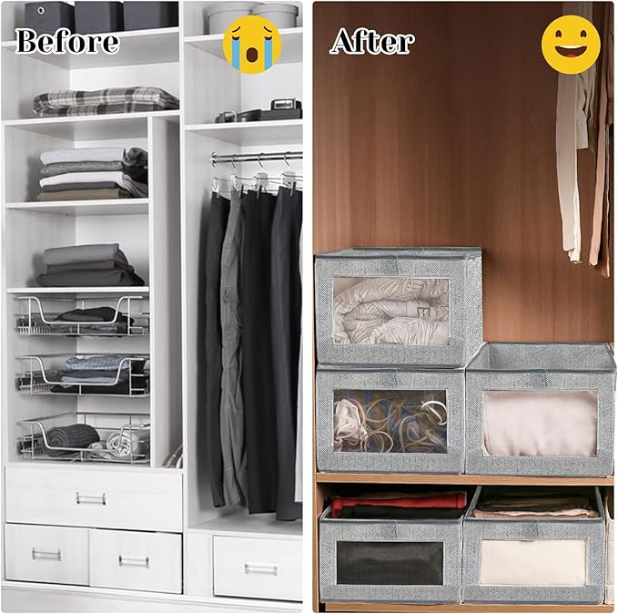 6 Pieces Linen Closet Storage Bins with Clear Window, Shelf Basket Closet Clothes Organizer Storage Containers for Organizing Shelves Wardrobe Office Clothing Books