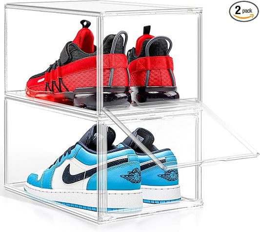 2 Pack Drop-Front Clear Shoe Storage Box Acrylic Box Shoe Organizer Size 13, Stackable Shoe Tower with Magnetic Door Large Storage Bins for Sneaker Containers Display & Closet Organization