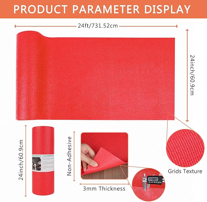 Foam Toolbox Liner Drawer Mat 1/8 Inch Thick X 24 Inch Wide X 24 Ft Long Red, No Slip for Protecting Cabinet, Garage, Cart, Tool Box