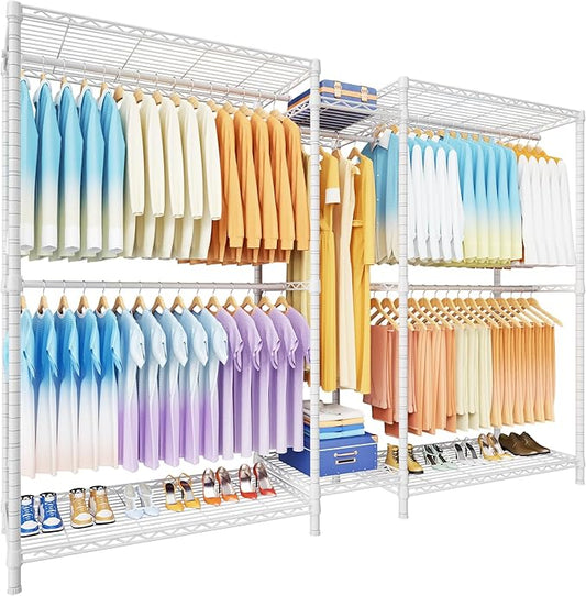 Ulif E12 Max Clothes Rack，Heavy Duty Freestanding Garment Rack with Shelves，Metal Clothing Closet Storage System for Hanging Clothes，83" W x 16" D x 76.5" H, Hold 1060 lbs，White