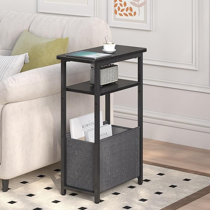 Narrow Side Table Set of 2, Skinny End Tables with Fabric Basket, Small Side Tables for Small Space,2-Tier Open Shelves with Basket, Slim Nightstands Set 2 for Bedroom,Livinroom,Office, Black