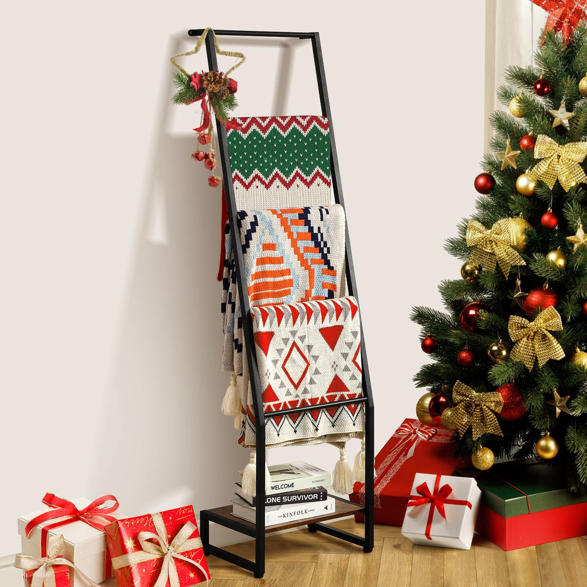 DGWJSU Blanket Ladder, 5 Tier Ladder Shelf - Image 1
