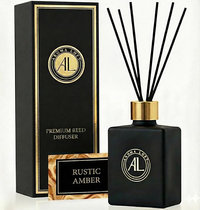 Reed Diffuser - Fragrance Diffuser for Home - 5 oz. Oil Diffuser Sticks - Bathroom Diffuser Set- Oil Diffuser Reeds - Scent Sticks in Oil-Office Smell Good Stuff (Black, Rustic Amber)