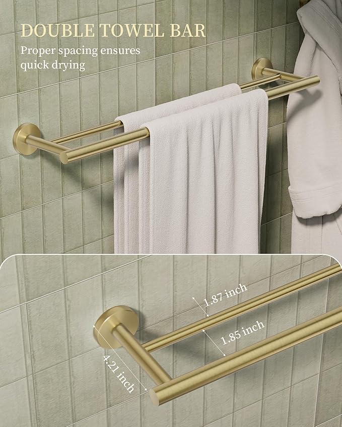 Bathroom Hardware Accessories Set 5 Pieces Brushed Gold 24" SUS 304 Stainless Steel Bath Double Towel Holder Bar Set Towel Rack Combination Wall Mounted for Kitchen, Laundry, Bedroom