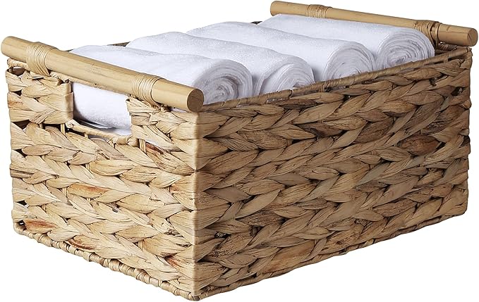 Natural Water Hyacinth Storage Baskets for Organizing Small Wicker Baskets With Handles, Woven rectangle Baskets for Storage Baskets for Shelves, Large Rectangular Towel Basket
