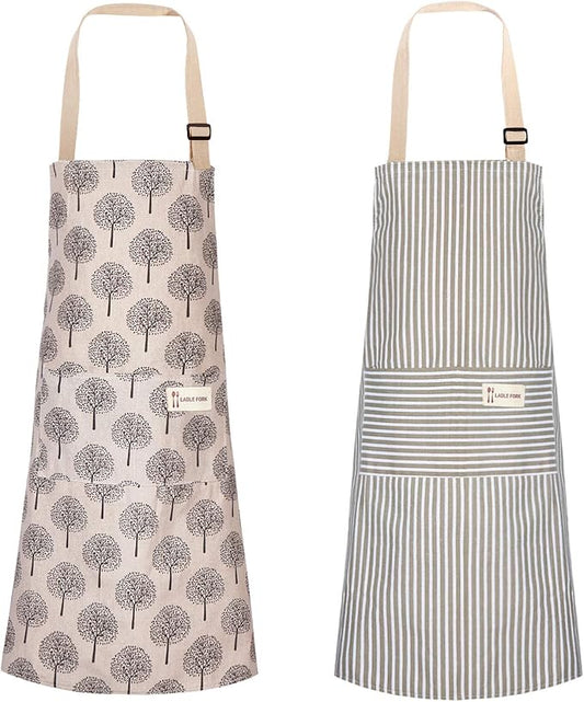 Syhood 2 Pack Aprons with 2 Pocket for Women Men Soft Linen Adjustable Bib Kitchen Cooking Apron for Chefs, Waiters, Baking(Brown Stripes Style)