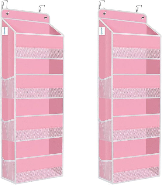 2 Pack Over The Door Organizer Hanging Storage Organizers with Clear Window 40lb Large Capacity Room Organizer for Pantry Laundry Bathroom Nursery Closet(Pink)