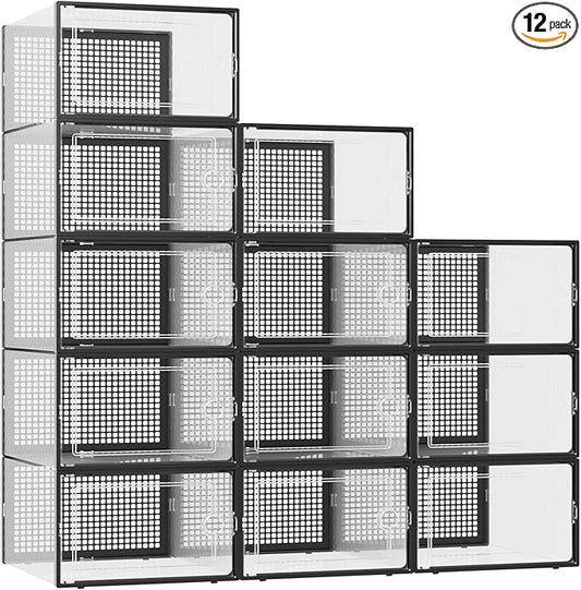 Kuject XXX-Large Shoe Storage Boxes Organizers Clear Plastic Stackable 12 Pack, Shoe Rack & Holder Substitute, Sneaker Containers, Toy Storage Organizer Bins for,Closet, Under Bed, Black(No Fold Line)