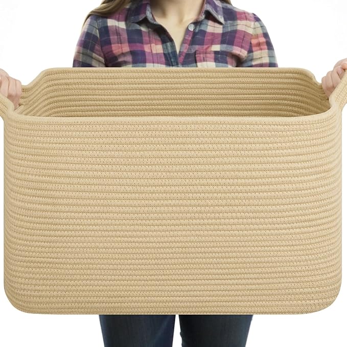 Large Blanket Basket, Jute Blanket Storage Living Room, Rectangle Woven Baskets for Storage Toys, Towels, Dirty Clothes Organizer Bins (Jute)